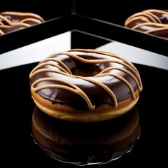 Classic Chocolate Glazed Donut with Peanut Butter Drizzle on Reflective Black Background