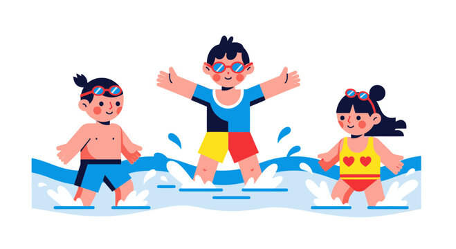 Joyful Children Swimming in Pristine Water on Summer Escapade Cartoon Illustration