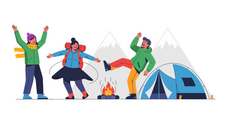 Joyful Campers Celebrating Adventure around tent and bonfire beneath snowy mountain peaks