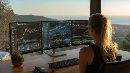Focused businesswoman analyzing financial graphs on dual screens