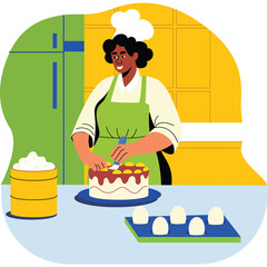 Smiling Baker Woman in Chef Hat and Green Apron Decorating Cake with Yellow and Red Toppings in Bright Kitchen Scene