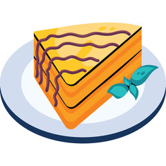 Slice of layered yellow cake with dark chocolate drizzle on a white plate with a sprig of mint on a transparent background