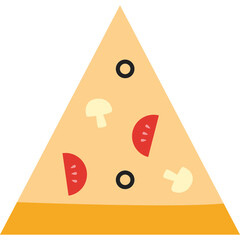 Slice of pizza with tomato mushroom and olive toppings on a yellow crust against a transparent background detailed illustration