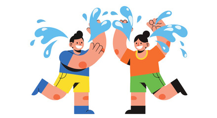 Fototapeta premium Joyful Companions Playing With Water Splashes Against A Black Background
