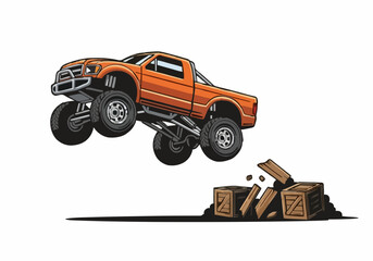 Orange vector monster truck jumping destroying wooden crates illustration extreme sports event design element offroad vehicle stunt show concept