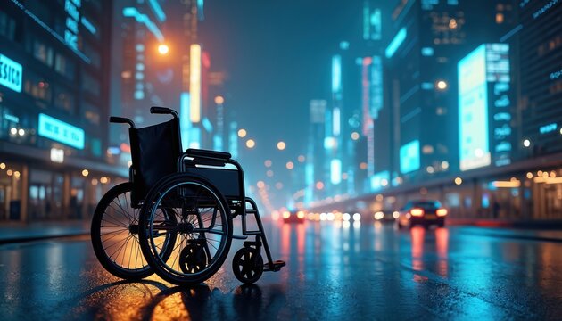 Wheelchair sits on wet city street at night. Neon lights reflect on wet pavement. Futuristic buildings glow with digital displays. Cars pass by on the road. - Powered by Adobe