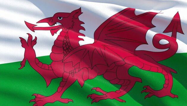 Waving Welsh Flag with Red Dragon Symbol of Wales Stock Photo
