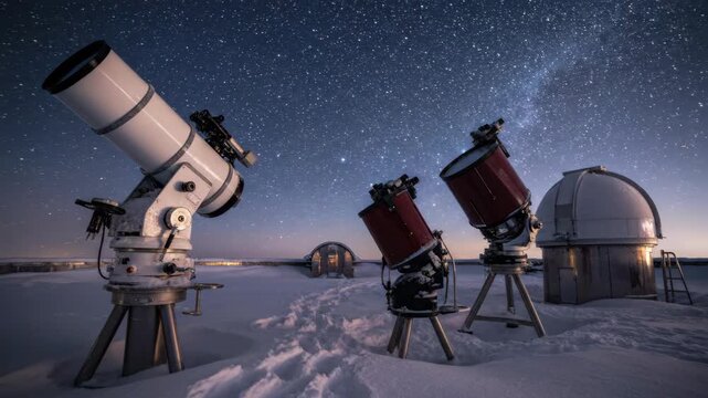 Three telescopes stand in a snowy observatory under a starry night sky Domes and a building are also visible