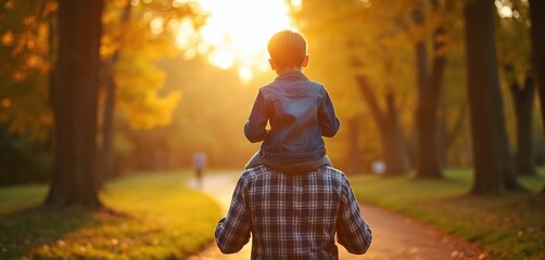 Father carries son on shoulders walking through autumn park at sunset. Back view of dad, boy enjoying fall foliage, golden hour light. Outdoors family bonding, exploring nature together on peaceful