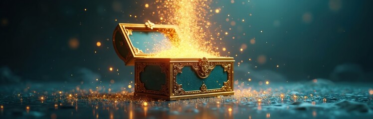 Magic box overflows with glowing golden light, sparkling dust. Open ancient treasure chest mysterious surprise inside. Innovation, creativity, discovery, brand new business opportunities.