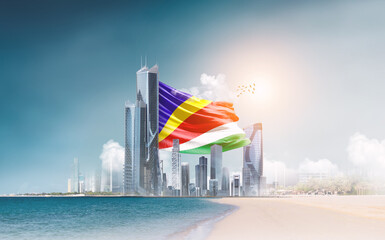 Seychelles flag waving behind modern skyline. Seychelles national flag for independence day.