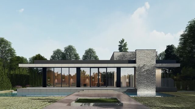 4K 3D Rendering Animation of Modern House Exterior with Swimming Pool, Daytime