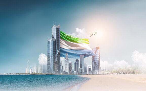 Sierra Leone flag waving behind modern skyline. Sierra Leone national flag for independence day. - Powered by Adobe