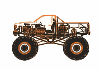 Detailed vector illustration of extreme offroad racing vehicle skeleton high performance monster truck chassis design showing engine suspension and huge wheels