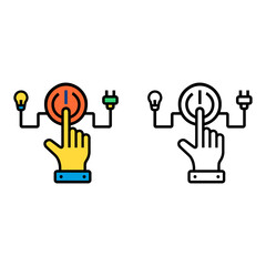 A minimal line-style icon showing a hand pressing a power button connected to a light bulb and plug—ideal for illustrating energy control, system activation, or smart technology interfaces.