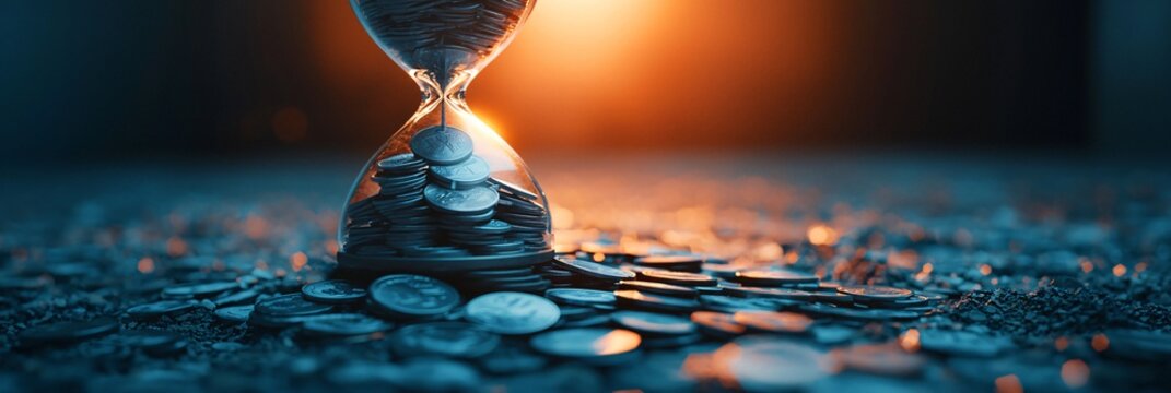 Conceptual art of hourglass filled with coins symbolizing time and compounding investment. 