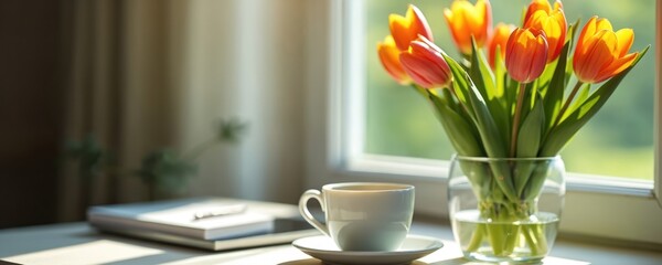 White coffee cup on table next to vase with orange and yellow tulips. Laptop and book on table by window. Flowers in glass vase. Morning scene with hot drink and fresh bouquet.