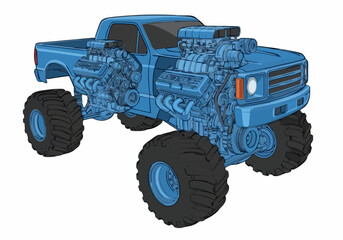 Vector illustration of extreme blue monster truck featuring dual exposed v8 engines and massive off road tires isolated on white background