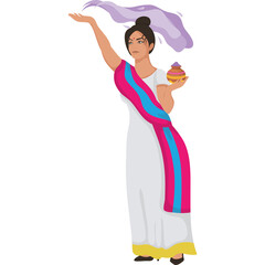 Pixel Art Woman In White Dress With Pink And Blue Sash Holding Offering Bowl And Purple Fabric Flowing In The Wind