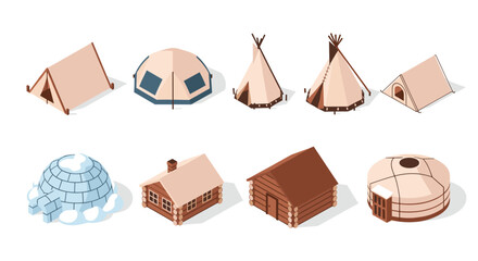 Diverse isometric dwellings representing global shelter solutions for innovative architectural design projects and sustainable housing initiatives