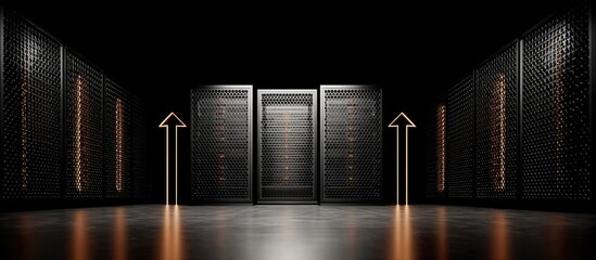 Data center with server racks, arrows and light, data storage, dark environment