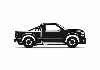 Black vector silhouette illustration of rugged heavy duty pickup truck profile side view graphic icon symbol design element utility vehicle