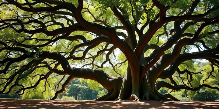 Ancient oak, sprawling branches offering dappled shade,   landscape,  relief