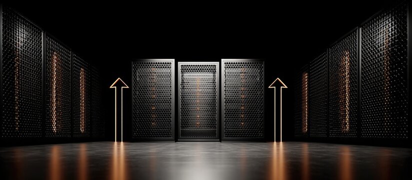 Data center with server racks, arrows and light, data storage, dark environment