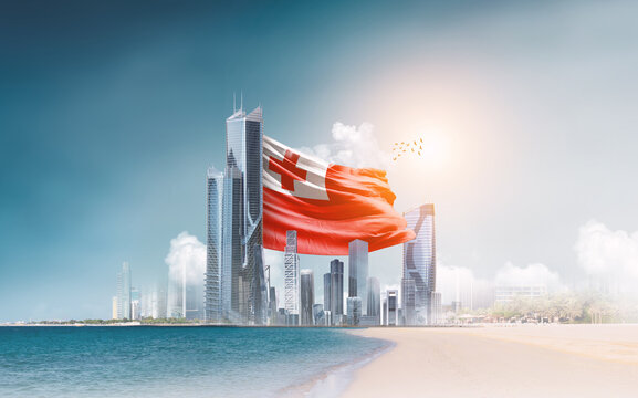 Tonga flag waving behind modern skyline. Tonga national flag for independence day.