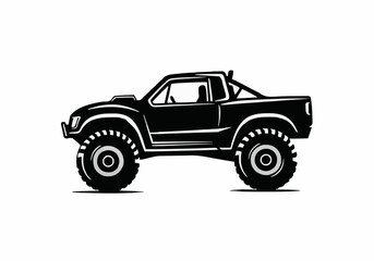 Black silhouette vector illustration of a powerful offroad pickup truck with massive tires designed for extreme terrain and motorsport competition
