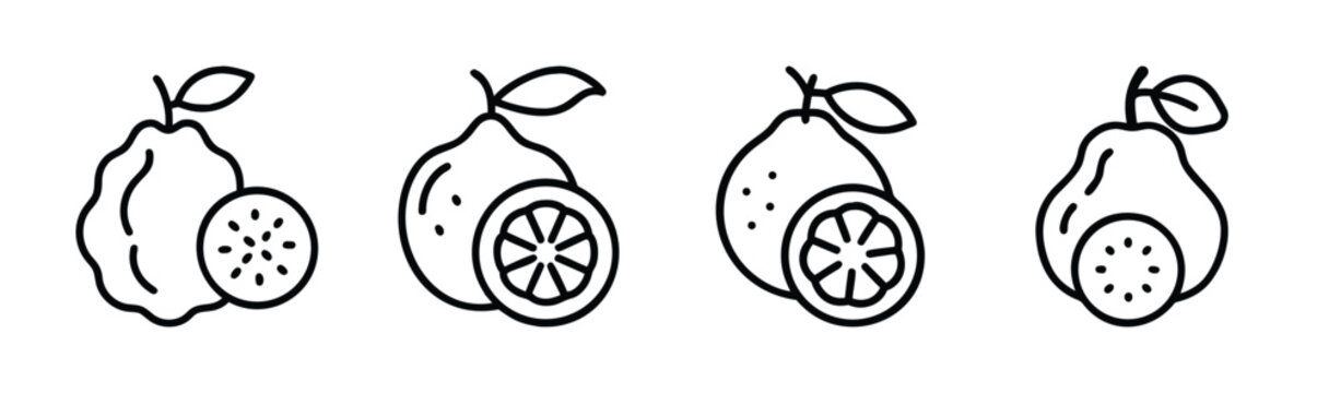 Four hand drawn ugli fruit icons with one half slice showing citrus segments