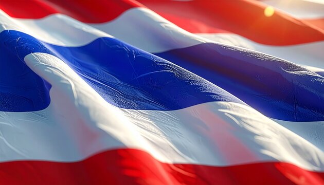 Waving Thai Flag Close up Detail of Thailand s National Symbol Fluttering in the Wind with Sunlight Glinting