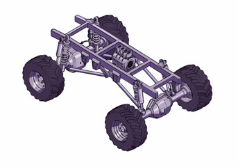 Isometric vector drawing of heavy duty monster truck chassis frame suspension system engine and oversized offroad tires on isolated white background