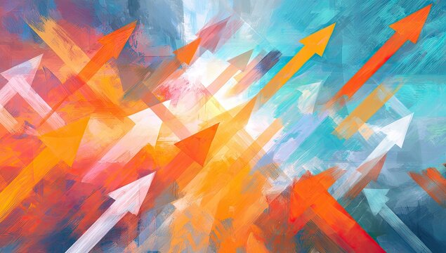Dynamic abstract image with upward arrows in shades of orange, white, blue, and red - Powered by Adobe