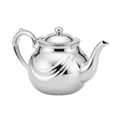 Elegant Silver Teapot With Ornate Swirl Design Isolated On A White Background Studio Product Shot Reflecting Light In A Soft Tone