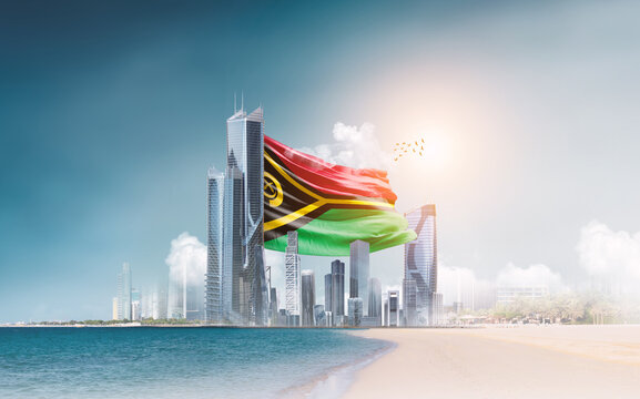 Vanuatu flag waving behind modern skyline. Vanuatu national flag for independence day. - Powered by Adobe