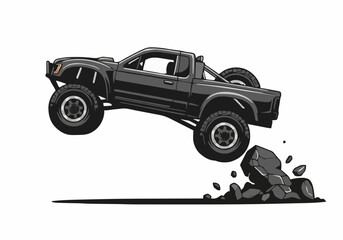 Black monster truck vector illustration jumping over debris and rock isolated on white background extreme offroad racing action sport concept design element