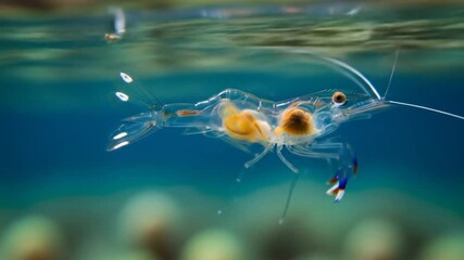 Transparent Shrimp Floating in Ocean Water Macro View