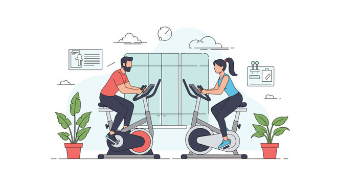 Energetic couple cycling in modern gym offers a health and fitness concept for advertising workout routines or wellness programs at home