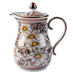 Elegant White Ceramic Coffee Pot Adorned with Delicate Daisy Flowers and Copper Accents Isolated on a Transparent Background