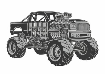 Dramatic vector illustration shows a powerful black monster truck with a supercharged engine and oversized tires, emphasizing strength in a low angle perspective.