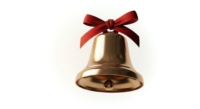 Gold bell with red ribbon on white