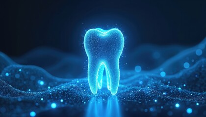 Glowing blue tooth illustration on dark background. Digital dental care concept with particles and waves. Tooth implant and medical technology.