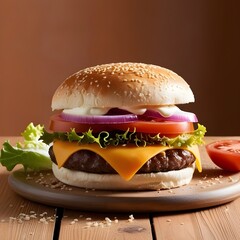 Classic Cheeseburger with Fresh Ingredients on a Wooden Table