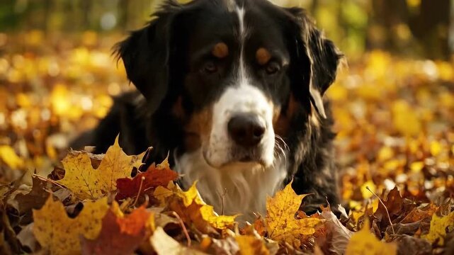 Bernese Mountain Dog Resting in Fallen Autumn Leaves in Sunny Golden Light Outdoor Scene  in the Forest