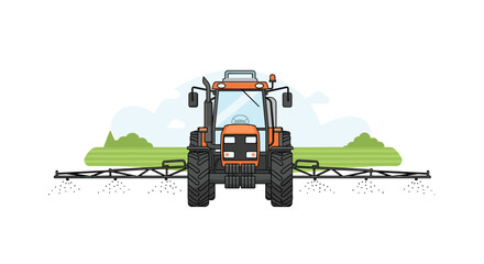 Efficient orange tractor spraying fields for modern agriculture and farming technology innovations in rural landscape offering promise