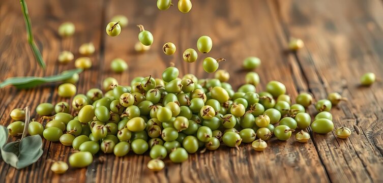 Fresh green beans tumbling from a height onto a wooden surface,  juicy,  wood