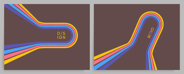 A retro 1970s-style background. Colorful lines. Abstract, dynamic curved ribbons. Designed for posters or banners for sports competitions and races. A collection of vector illustrations.