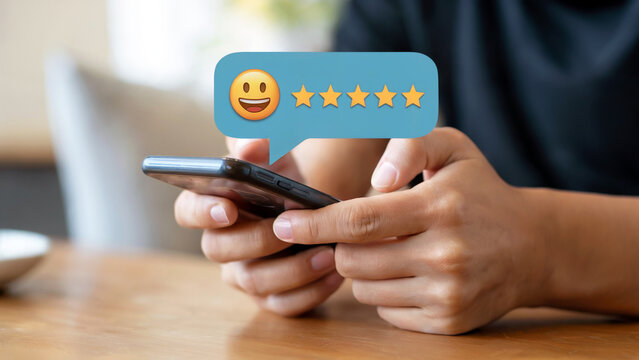 Delighted customer provides five star feedback on smartphone app for excellent service, rating experience, giving positive review, feeling satisfied