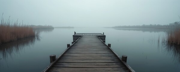 Wooden dock on calm lake with foggy background. Reed plants on both sides. Dock extends into water. Gray sky above. Peaceful nature scenery. Water reflects dock, sky. Serene landscape with wooden